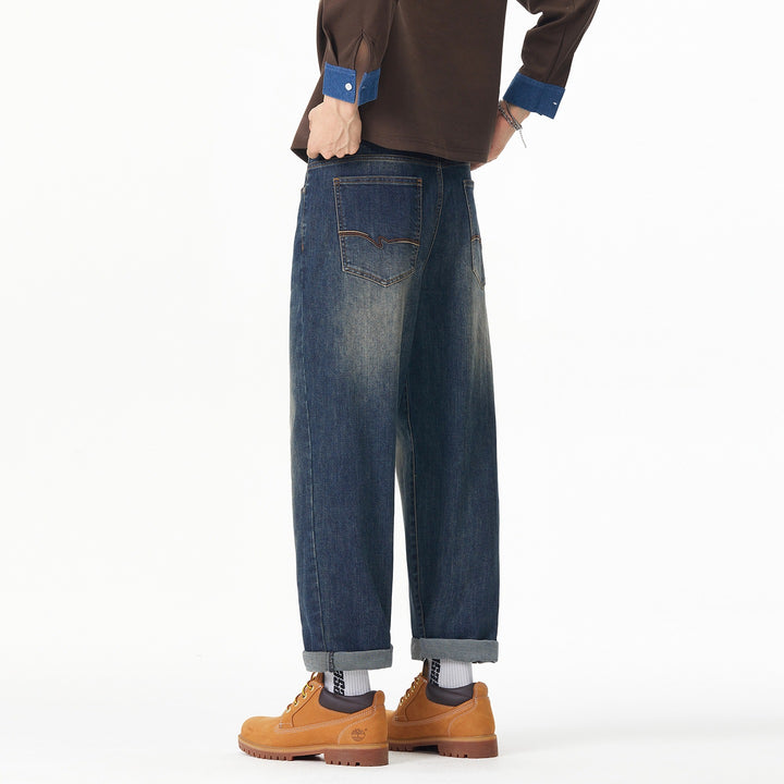 Herren Weite gerade geschnittene Denim-Jeans mit Used‑Wash und Umschlagbund Drune