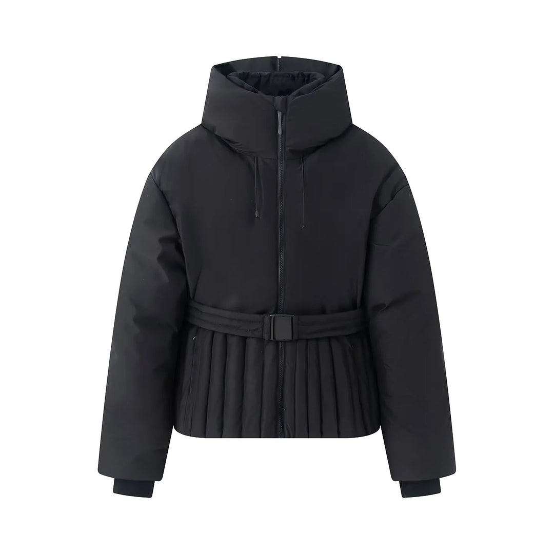 Damen nan gesteppte Taillen-Steppjacke mit hohem Kragen, Taillengürtel und Plissee-Saum Drune
