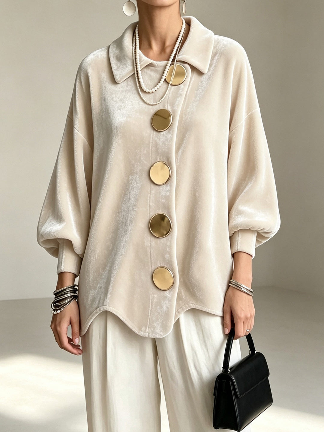 Damen Oversized Samtjacke mit großen Zierknöpfen und Balloon-Ärmeln Drune