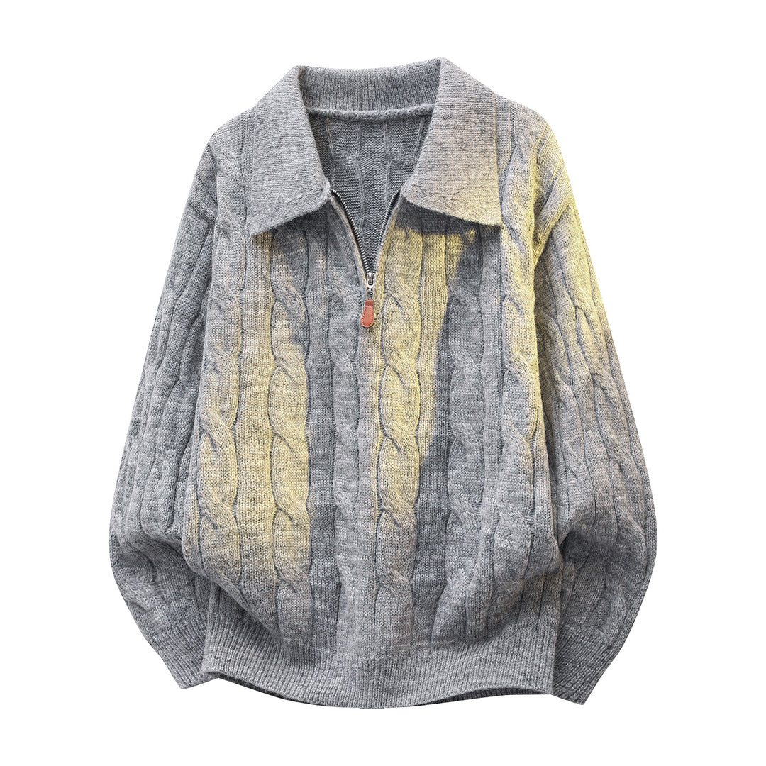 Unisex Oversize-Zopfmuster-Pullover mit Halbreißverschluss und Hemdkragen Drune