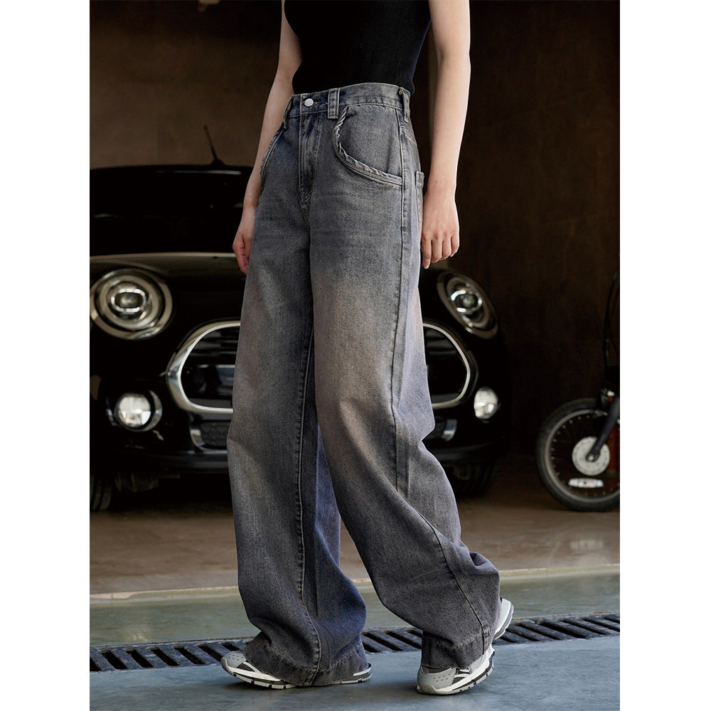 Damen Weite High‑Waist Denim‑Baggy‑Jeans mit extra langem Bein und verwaschener Used‑Optik Drune