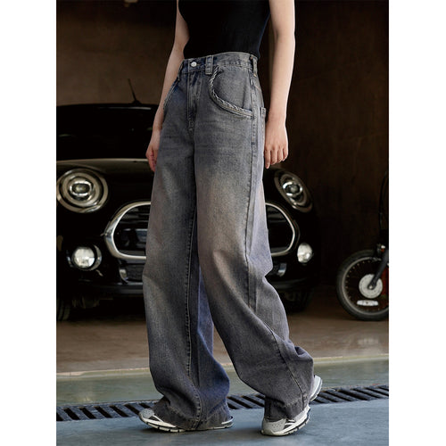 Damen Weite High‑Waist Denim‑Baggy‑Jeans mit extra langem Bein und verwaschener Used‑Optik Drune