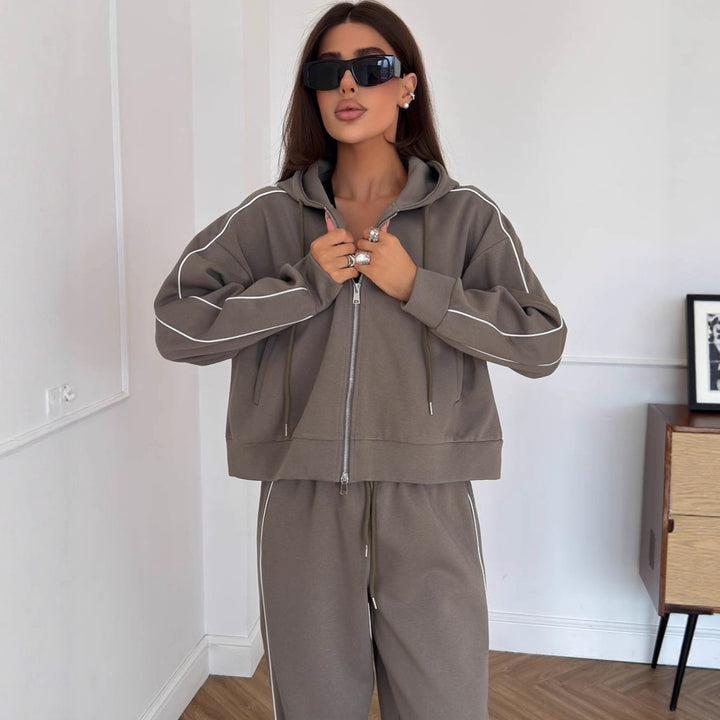 Damen Lässiges zweiteiliges Lounge-Set mit oversized Zipjacke und weitem Kordelzug-Hosenbund Drune