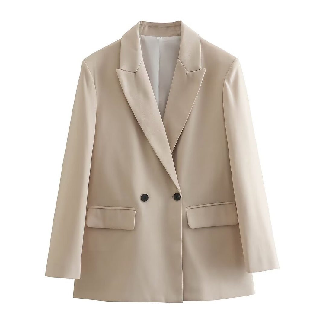 Damen nan figurbetonter zweireihiger Longblazer mit spitzem Revers leicht verlängertem Saum und Pattentaschen Drune