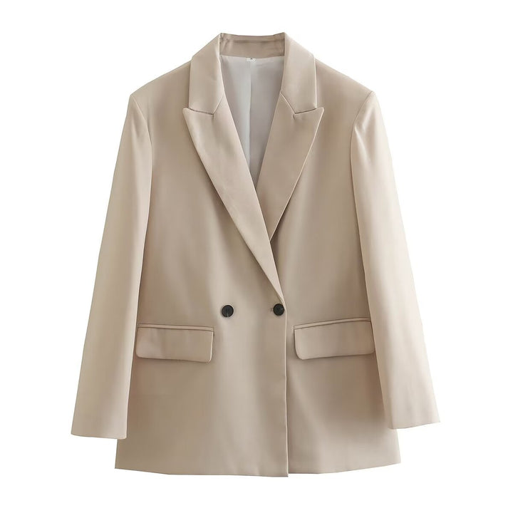 Damen nan figurbetonter zweireihiger Longblazer mit spitzem Revers leicht verlängertem Saum und Pattentaschen Drune