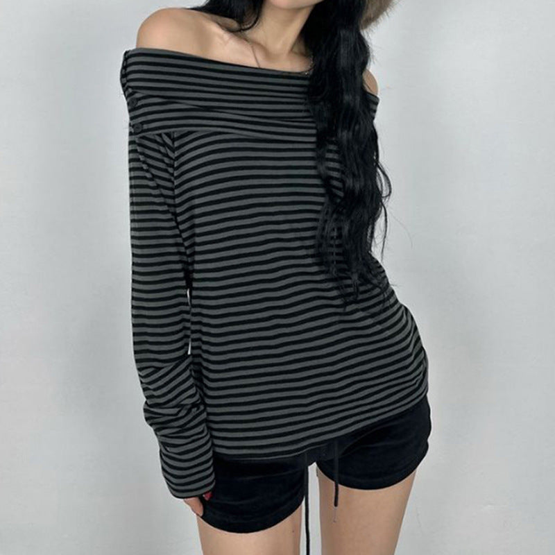 Damen nan schulterfreies Langarmshirt mit Carmen-Ausschnitt, taillierter Passform und feinem Streifenmuster Drune