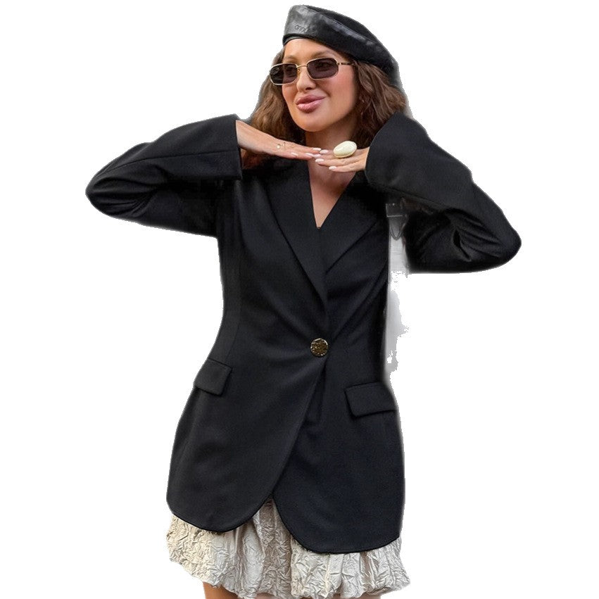 Damen Eleganter Blazer mit asymmetrischer Silhouette und goldenen Knopfdetails Drune