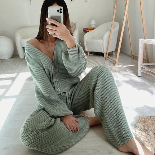 Damen geripptes Strick-Zweiteiler Set mit Cropped-Cardigan, Kordelzug-Hochbundhose und Komfortpassform Drune