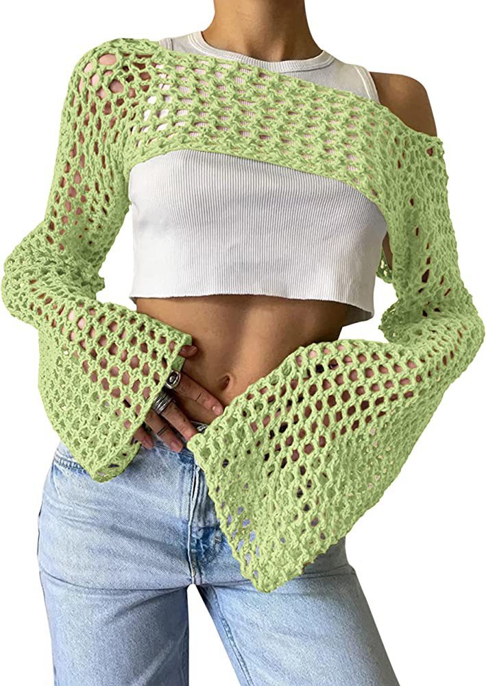 Damen gehäkeltes Langarm-Top mit Off-Shoulder-Design Drune