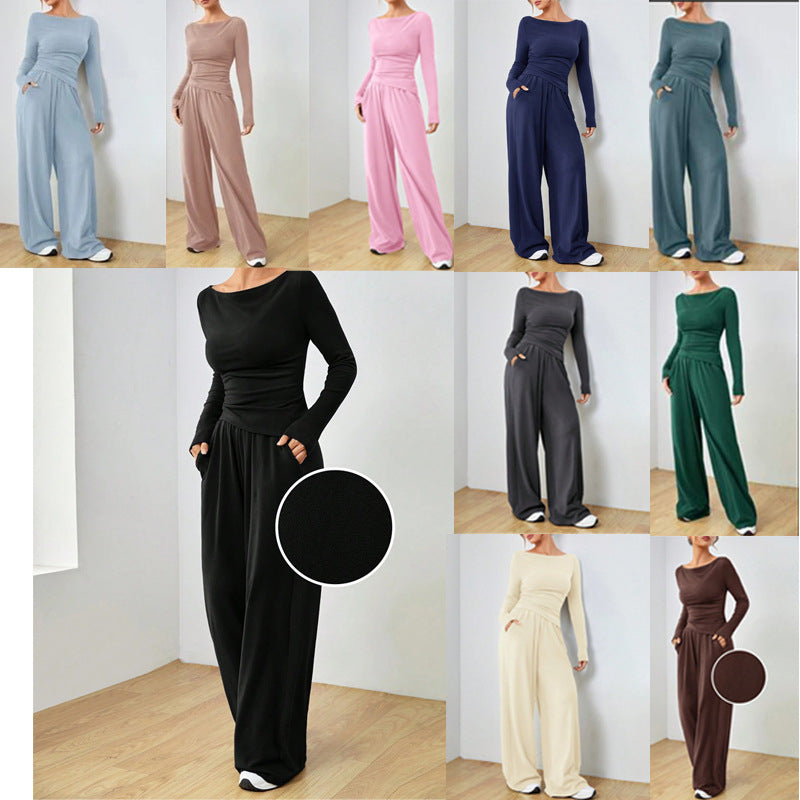 Damen Lässiges Two‑Piece Lounge‑Set mit U‑Boot‑Ausschnitt, taillierter Drapierung und weitem Palazzohose Drune