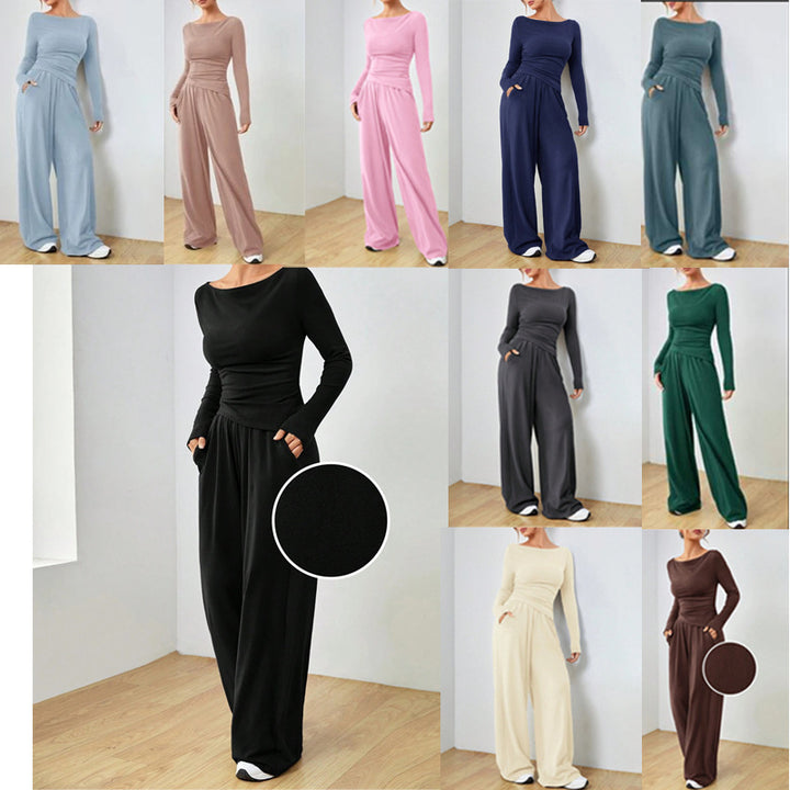 Damen Lässiges Two‑Piece Lounge‑Set mit U‑Boot‑Ausschnitt, taillierter Drapierung und weitem Palazzohose Drune