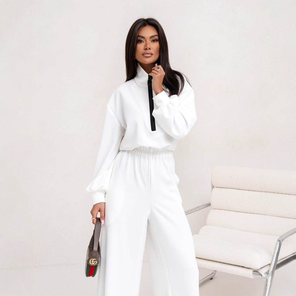 Damen relaxed-fit Zip-Pullover mit elastischem Taillenbund und extraweiter Palazzo-Hose Zweiteiler Drune