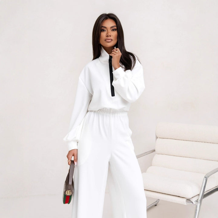 Damen relaxed-fit Zip-Pullover mit elastischem Taillenbund und extraweiter Palazzo-Hose Zweiteiler Drune