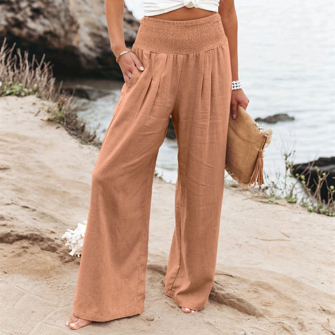 Damen Weite Leinenhose mit Smokbund und Eingrifftaschen Drune