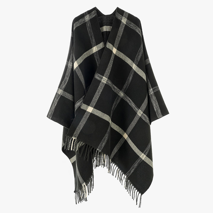 Damen Grobkarierter Wolloptik‑Poncho im Cape‑Schnitt mit lockerem Fall und Fransen Drune