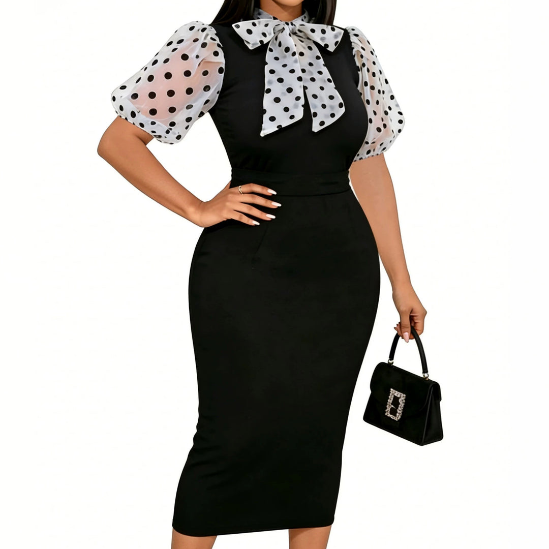 Damen figurbetontes Midi-Kleid mit transparenten Puffärmeln und Schleifenkragen Drune