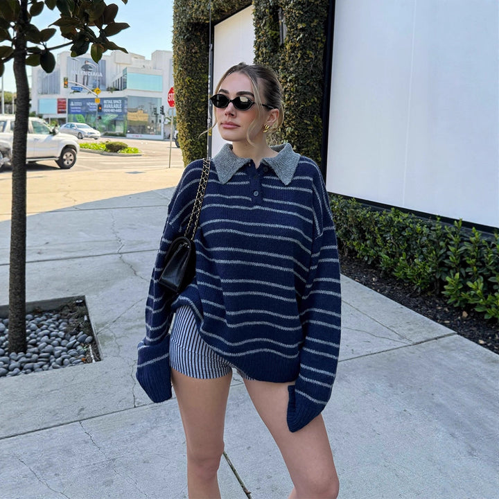 Damen Oversize Strickpullover mit Polokragen & Streifenmuster Drune