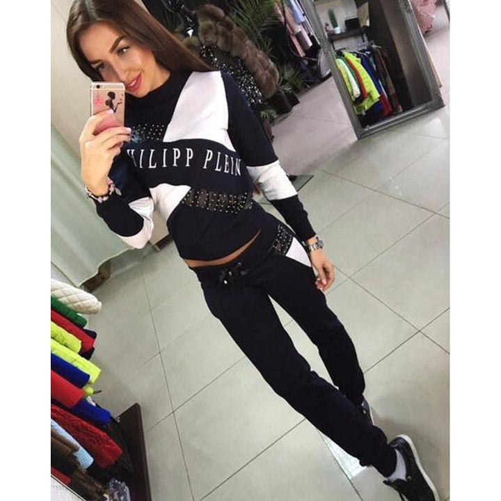 Damen Sportliches Jogginganzug-Set mit Nietenbesatz und Colorblock-Design Drune