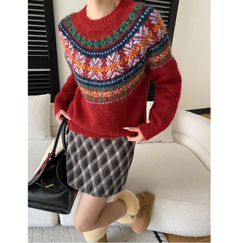 Damen Grobstrickpullover mit lebendigem Muster und weit geschnittenen Ärmeln Drune