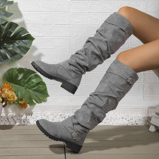 Damen Overknee-Stiefel aus weichem Wildleder mit dekorativem Schnallen-Detail Drune