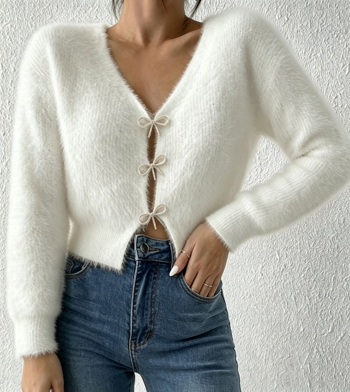 Damen Flauschiger Cropped-Cardigan mit V-Ausschnitt und Schleifen‑Verschlüssen Drune