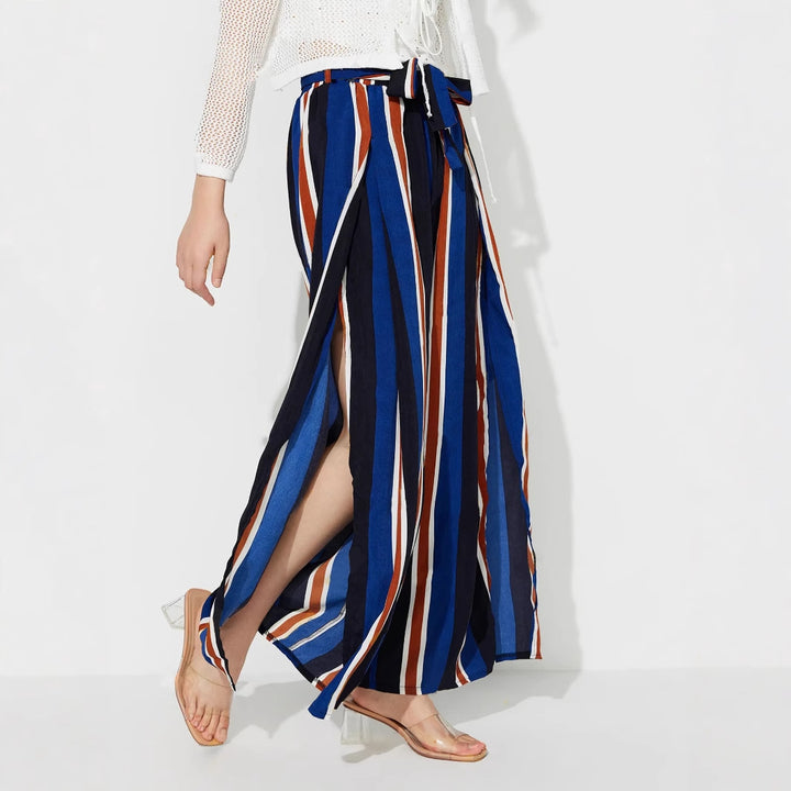 Damen weite Palazzo-Hose mit stylischem Bindegürtel und modernem Streifenmuster Drune