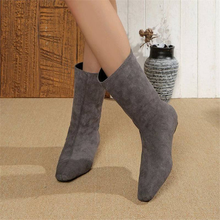 Damen Midi‑Stiefeletten mit spitzer Zehenform, Veloursleder‑Optik und schlankem Keilabsatz Drune