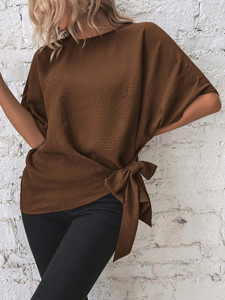 Damen Oversize Kurzarm-Top mit seitlicher Schleife und Crinkle-Struktur Drune