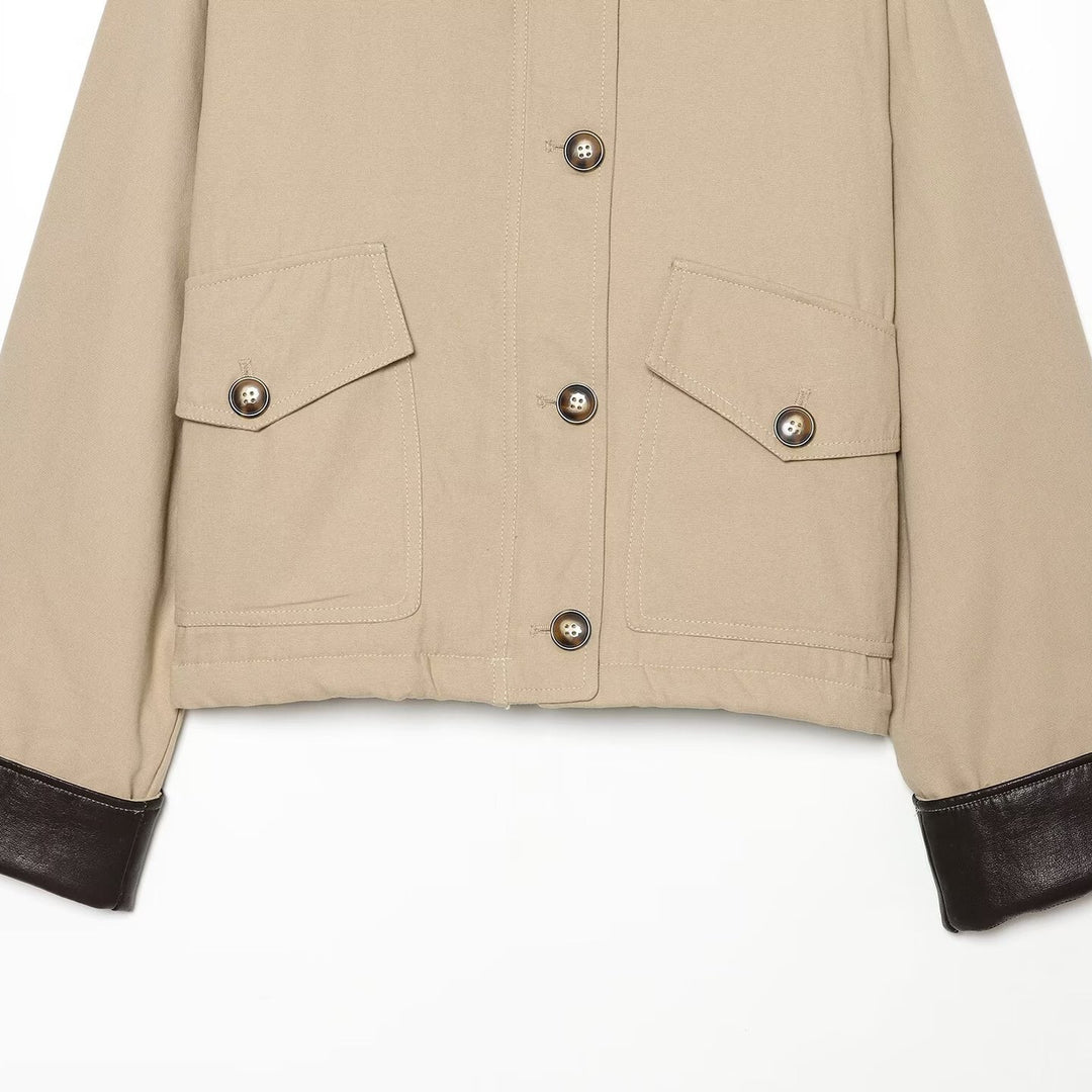 Damen Kurzjacke mit kontrastiertem Lederkragen und Umschlagärmeln Drune
