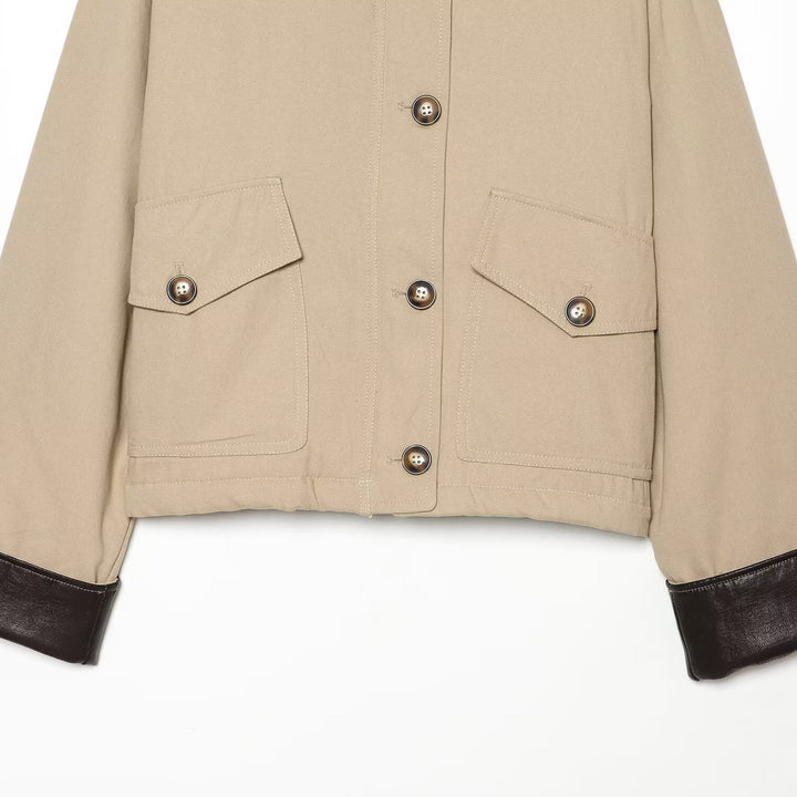Damen Kurzjacke mit kontrastiertem Lederkragen und Umschlagärmeln Drune