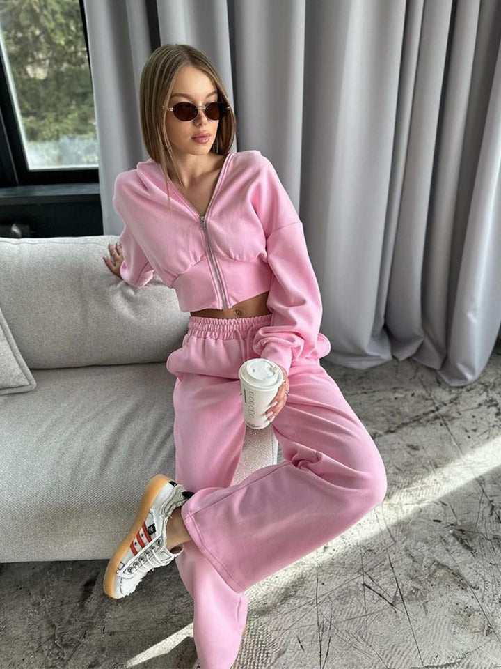 Damen nan zweiteiliges Cropped Hoodie-Set mit weitem Bundhose-Schnitt und tailliertem Reißverschluss Drune