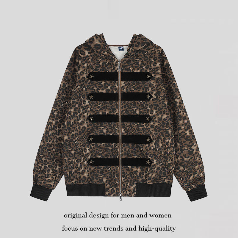 Damen Kapuzen-Sweatjacke mit Leopardenmuster, Veloursleisten und Sternnieten Drune