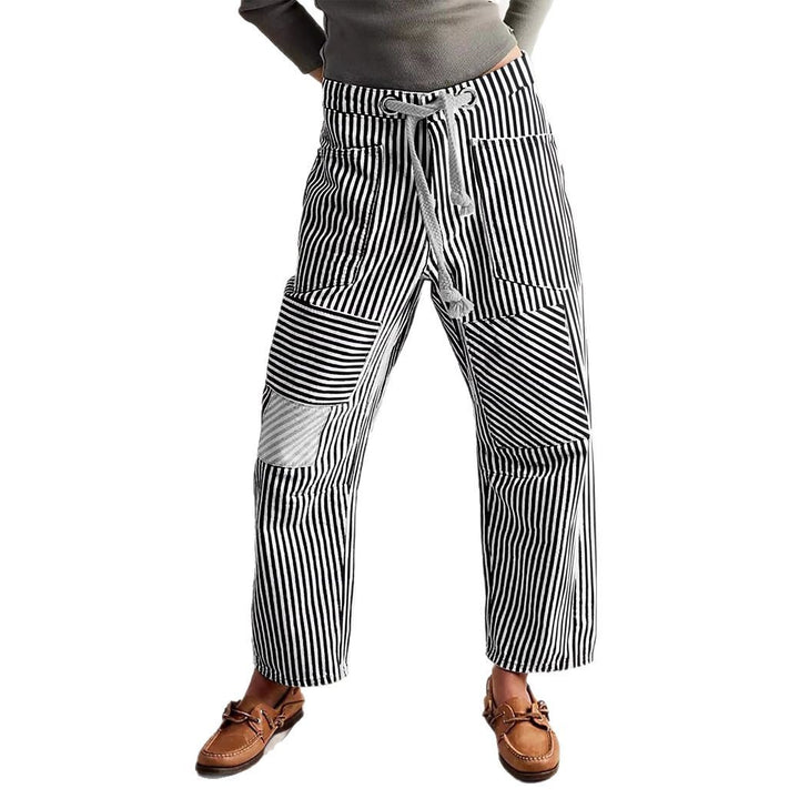 Damen nan lässige gestreifte Leinenhose mit Kordelzug und aufgesetzten Taschen Drune