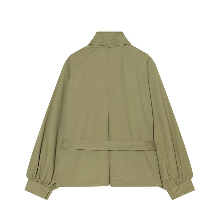 Damen Kurze Cape-Übergangsjacke mit Stehkragen, Taillengürtel und Ballonärmeln Drune