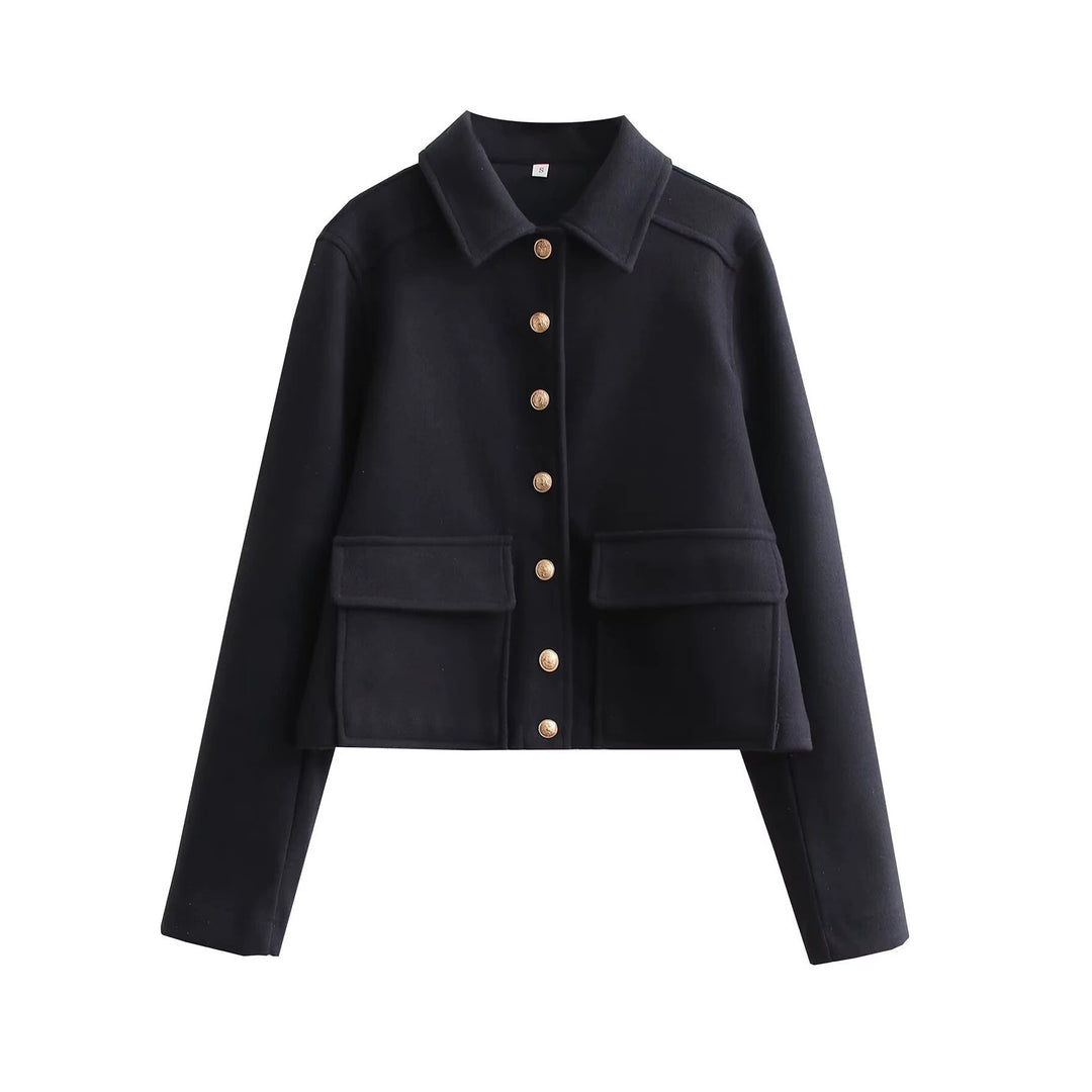 Damen Kurze Boxy-Wollmix-Jacke mit aufgesetzten Pattentaschen und goldfarbenen Zierknöpfen Drune