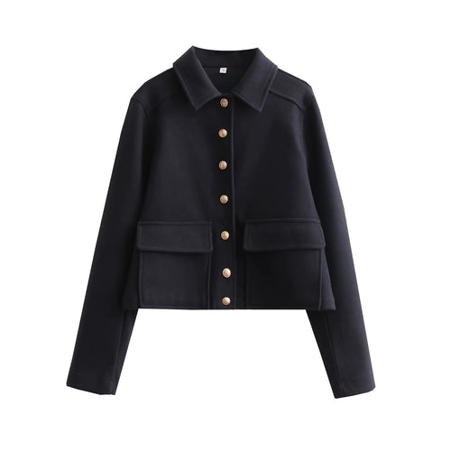 Damen Kurze Boxy-Wollmix-Jacke mit aufgesetzten Pattentaschen und goldfarbenen Zierknöpfen Drune