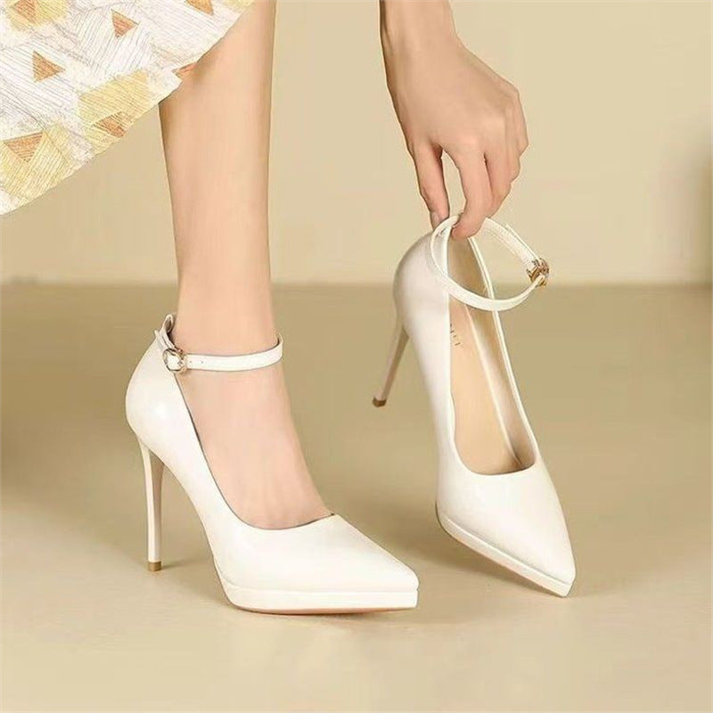 Damen Spitzer Plateau-Pumps mit sculpted Stiletto und Knöchelriemen Drune