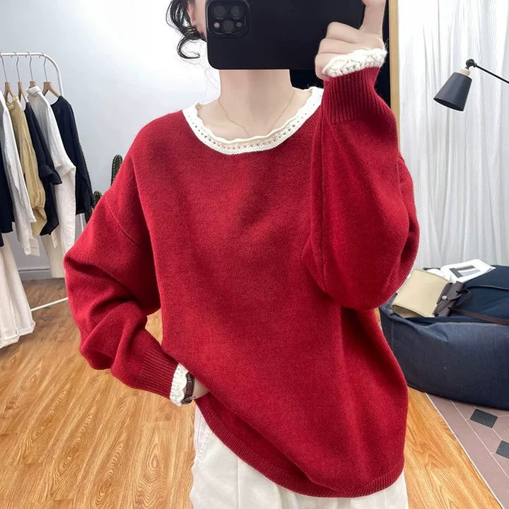 Damen Pullover im lässigen Oversized-Stil mit romantischem Spitzenrand Drune