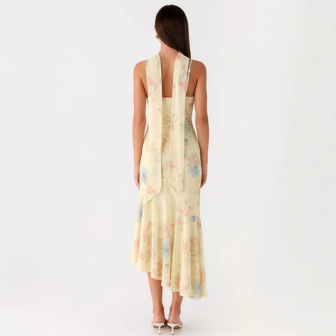 Damen Elegantes Maxikleid mit blumigem Chiffon-Design und Neckholder-Ausschnitt Drune