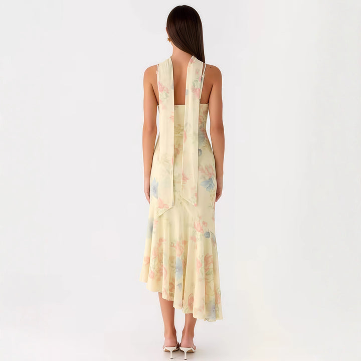 Damen Elegantes Maxikleid mit blumigem Chiffon-Design und Neckholder-Ausschnitt Drune