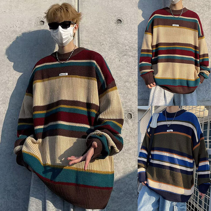 Herren Lässiger Grobstrickpullover mit buntem Streifenmuster Drune