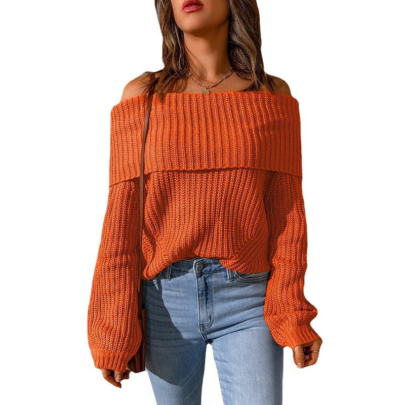 Damen nan weiter Off-Shoulder Grobstrickpullover mit überschnittener Schulterpartie und ballonärmeln Drune