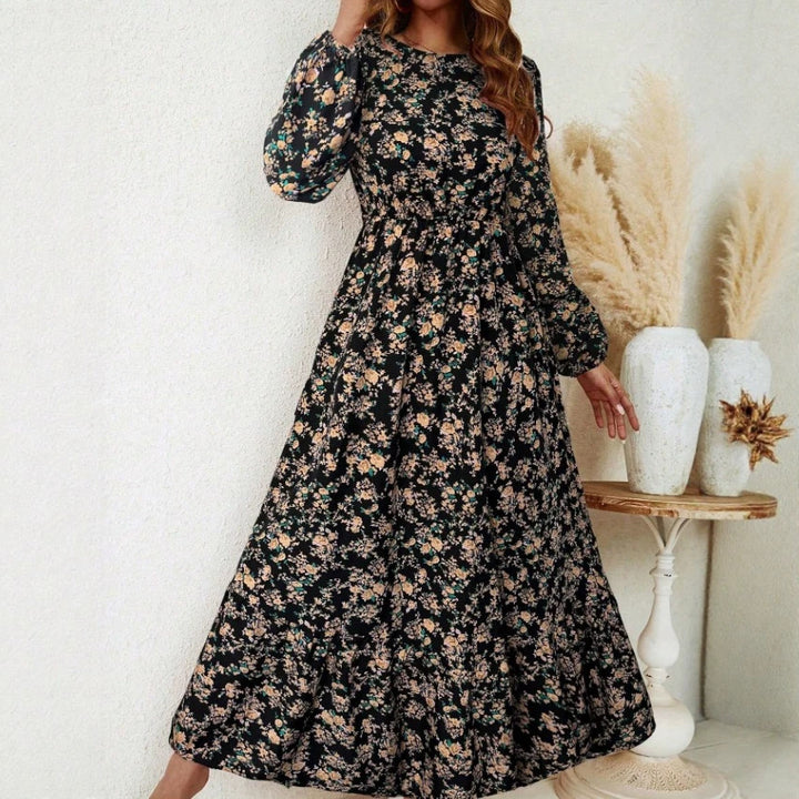 Damen Florales Midikleid mit elastischer Taillenpartie, langen Balloonärmeln und Volantstufe Drune