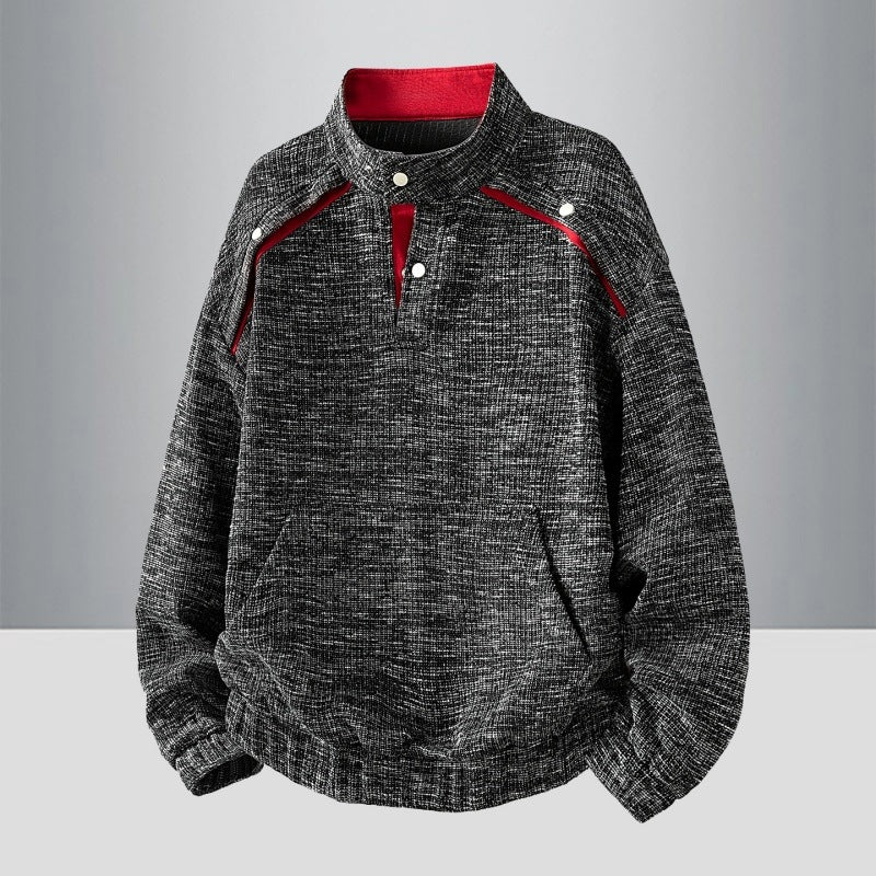 Herren Oversize Struktur-Halbzip-Strickpullover mit Stehkragen, Druckknopfblende & Kängurutasche Drune