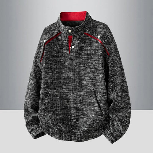 Herren Oversize Struktur-Halbzip-Strickpullover mit Stehkragen, Druckknopfblende & Kängurutasche Drune