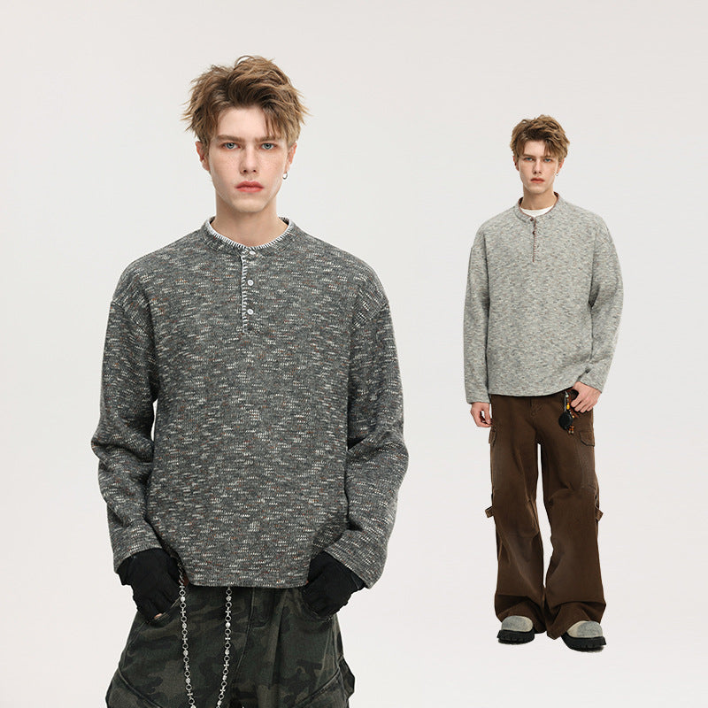 Herren Melange-Henley-Strickpullover mit Knopfleiste und legerer Passform Drune