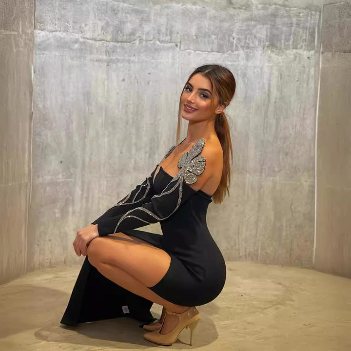 Damen Elegantes Abendkleid mit glitzernden Flügel-Applikationen und tiefem V-Ausschnitt Drune