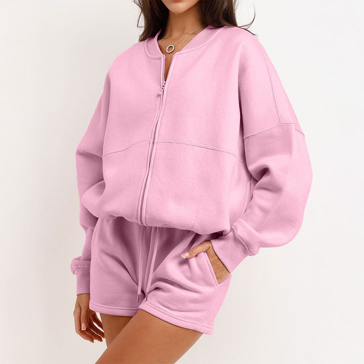 Damen nan zweiteiliges Sweat-Set mit oversized Reißverschluss-Jacke und elastischer Highwaist-Shorts Drune