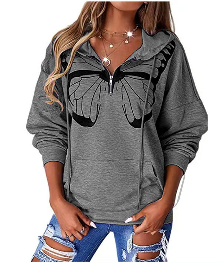 Damen Kapuzenpullover mit halbhohem Reißverschluss und Schmetterlingsprint Drune