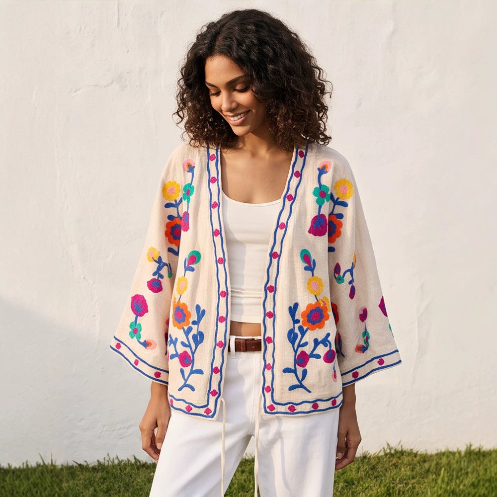 Damen bestickte Leinen‑Überwurfjacke mit folkloristischen Blumenapplikationen Drune
